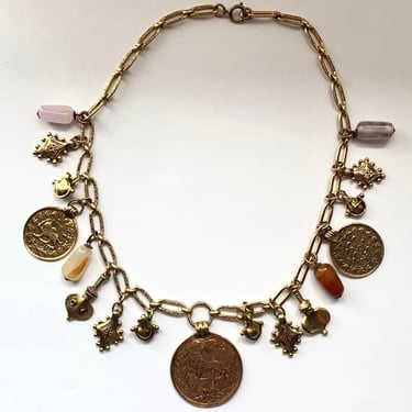 Vintage necklace, multi charm dangle, gold charm bead choker, coin charm dangle, bead dangle 