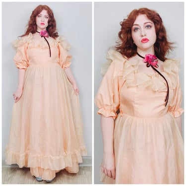 1980s Vintage Fancy Frocks Peach Puffed Sleeve Princess Gown / 80s Lace Ruffled Cupcake Nylon Prom Maxi Dress / Small - Medium 