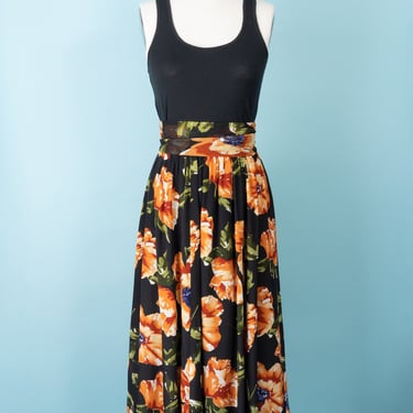 1980s Adam Douglass Pure Silk Floral Print Maxi Skirt with Matching Scarf 
