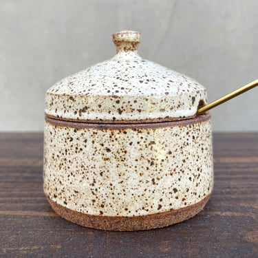 Ceramic Salt Cellar with Lid and Spoon Opening- Glossy Speckled "Oatmeal" 