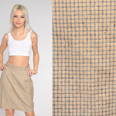 90s Pencil Skirt Checkered Mini Skirt Tan Grey High Waisted Preppy Retro Wiggle Secretary Professional Basic Neutral Vintage 1990s Small 27 