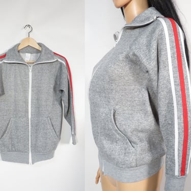 Vintage 80s Heather Gray Zip Up Sweatshirt Track Jacket Raglan 3 Stripe Sleeve Made In USA Size S 