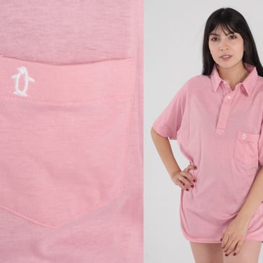 Pink Polo Shirt 80s Munsingwear T-Shirt Penguin Polo Collared Half Button Up Tshirt Retro Tee Grand Slam Preppy Vintage 1980s Large xl 