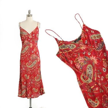 Y2K red floral Paisley rayon midi dress 