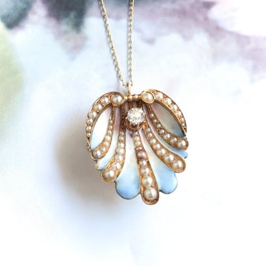 Antique Art Nouveau .24ct. Old European Cut Diamond Seed Pearl And Enamel Pendant Pin 