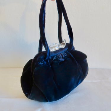1940's Navy Blue Velvet Purse with Clear Lucite Clasp Evening Cocktail Party Handbag Top Handle Pillow Shape Rockabilly WW2 Era Handbags 