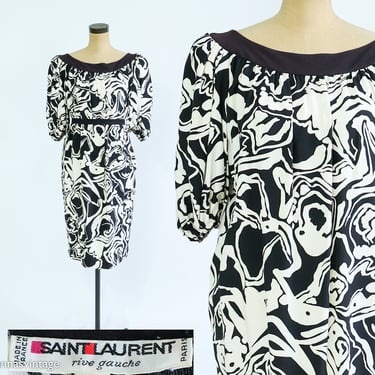 Saint Laurent | 1980s Black & White Abstract Dress  | 80s Black and White Floral Short Dress | Saint Laurent Paris | Large 