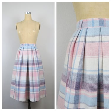 Vintage 1980s skirt, wool plaid pastel midi light academia, NOS, NWT, deadstock, size small, medium 