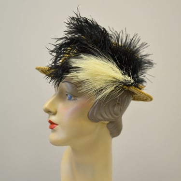 Vintage Straw Hat with Black and White Feathers 