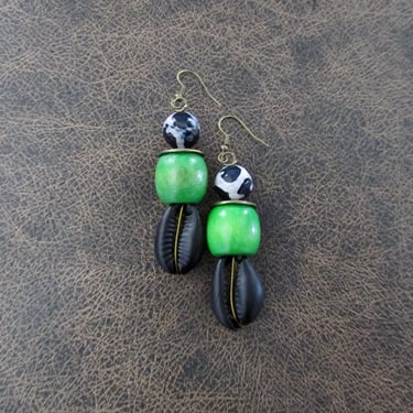Cowrie shell earrings, black and green earrings 