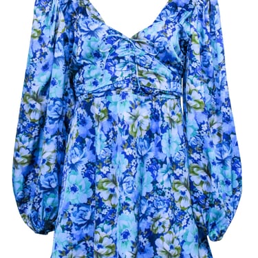 For Love & Lemons - Blue & Green Floral Print Long Sleeve Mini Dress Sz L