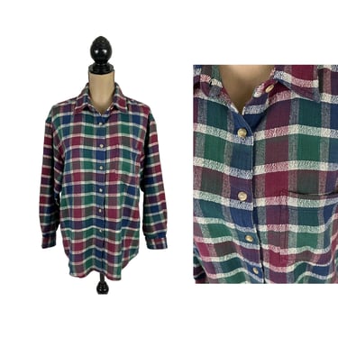 90s Grunge Plaid Shirt XL, Oversized Button Up Long Sleeve Cotton Blouse, Casual Fall Winter, 1990s Clothes Women Vintage 