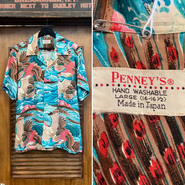 Vintage 1950’s “Penney’s” Bird Pheasant Rayon Hawaiian Shirt, 50’s Loop Collar Shirt, Vintage Clothing 