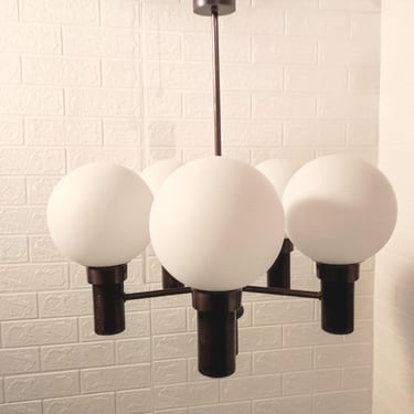 Vintage Modern Ceiling Lamp / Vintage Five Bulb Chandelier / Retro Pendant Light / Five Milky White Bubble Pendant Lamp / 70s Yugoslavia 