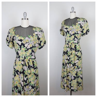 Vintage 1940s floral dress silk rayon illusion bodice wwii era swing novelty 