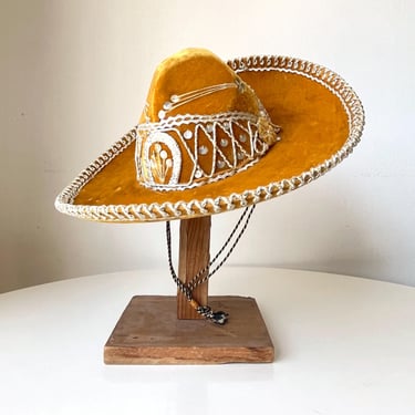 Vintage Gold Velvet Mexican Sombrero Mariachi Hat. Size Small 