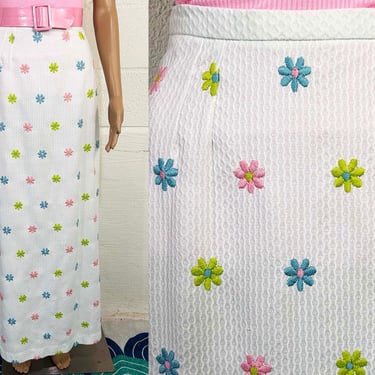 Vintage Floral Maxi Skirt Flower Power Embroidered Flowers Daisy Mod Hippy Long Midi Young Dimensions Saks Fifth Avenue 1960s 60s Small XS 