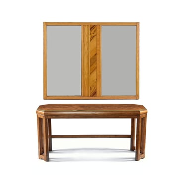 Oak and Rosewood Wall Mirror and Gold Trim Parquet Console Table Set 