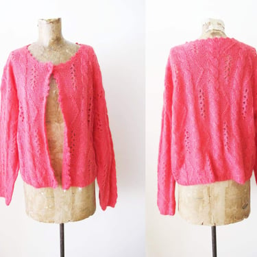 Vintage 90s Hot Pink Knit Cardigan S M - 1990s Pointelle Mohair Blend Womens Slouchy Cardigan Sweater 