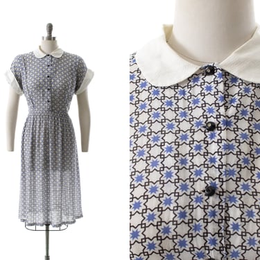 Vintage 1940s Shirt Dress | 40s Cold Rayon Geometric Medallion Printed Peter Pan Collar Fit & Flare Shirtwaist Blue White Day Dress (medium) 