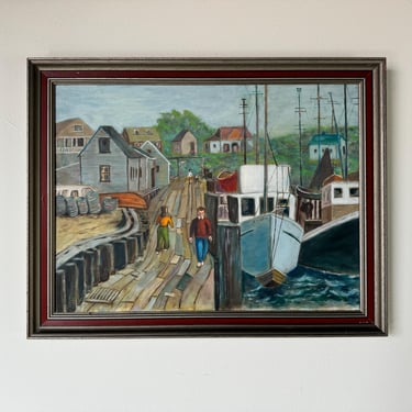 1960's Dan  Steinberg  Harbor Stroll - Landscape Scene Oil Painting, Framed 