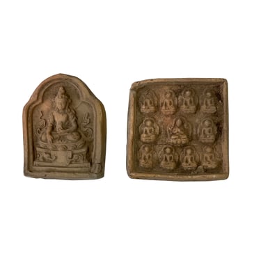 Set of 2 Small Chinese Oriental Clay Buddhas Theme Plaque Display ws2406E 