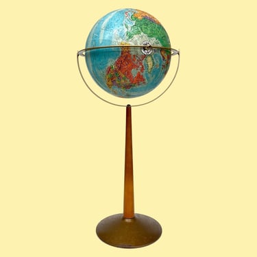 Vintage Replogle Standing Globe 1970s Retro Size 12" D + Mid Century Modern + World Nation Series + Blue + Rotates + Wood/Metal Base + Decor 