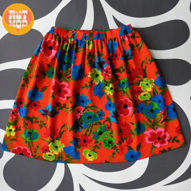 Groovy Vintage 60s 70s Bright Orange Flower Power Mini Skirt 