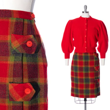 Vintage 1960s Skirt | 60s Plaid Tartan Wool Red Colorful High Waisted Buttoned Tabs Preppy Fall Holiday Pencil Skirt (medium) 