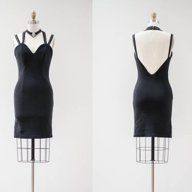 tight black mini dress | 80s 90s vintage high collar choker gothic sleeveless low back bodycon bodice dress 