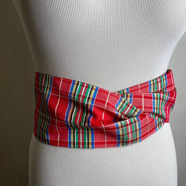 Vintage plaid taffeta dress belt tartan Red & green satin wide wrap style cincher holiday colors size 28-32” 