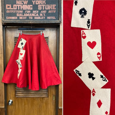 Vintage 1950’s Four Aces Gambling Las Vegas Felt Appliqué Red Original Rockabilly Circle Skirt, 1950’s, Rockabilly, Appliqué, Aces, Cards, 