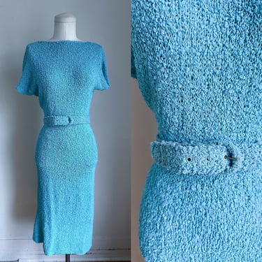 Vintage 1940s Blue Boucle Knit Sweater Dress / S 