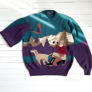 duck hunting sweater 80s 90s vintage C.F. Hathaway dog novelty print intarsia sweater 