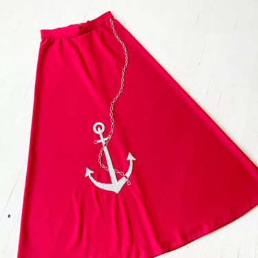 1970s Red Maxi Skirt with Beaded Anchor Motif 