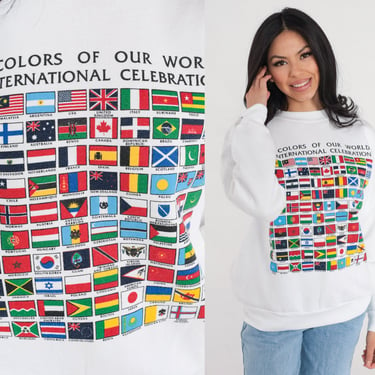 World Flags Sweatshirt 90s Colors of Our World Sweater International Celebration Graphic Shirt Front Back Print White Vintage 1990s Medium 