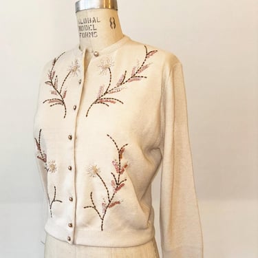 Vintage 1950s Park Storyk Orlon Acrylic Cardigan Novelty Cardigan Embellished with Beads, Sequins and Pearls 50s 60s 
