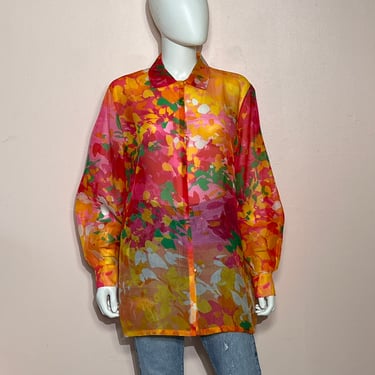 Vtg 1980s Perry Ellis floral silk organza colorful blouse top shirt 