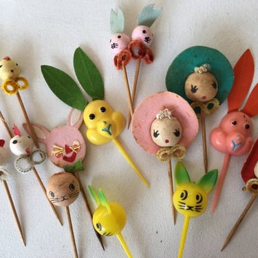 Vintage Easter Picks, Potpourri Of Easter Cupcake Toppers, Bunny Rabbit, Chicken, Girl With Bonnet, Party Decor, Crafting Supplies 