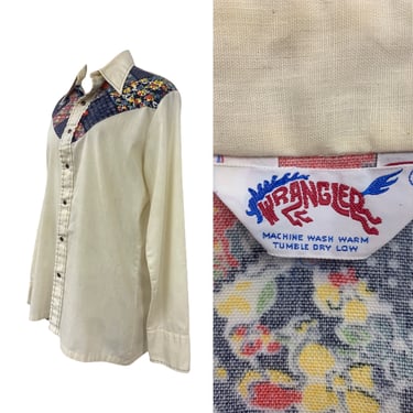 Vintage 1970s 70s Original Wrangler Patchwork Western Pearl Snap Button Down 