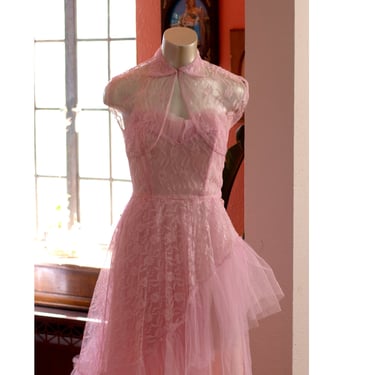 Vintage Dress - 1950s - Prom Dress  - Pink Formal With Bolero Jacket - Asymmetrical - Lace, Tulle - Strapless, Sweetheart - PRO CLEANED 