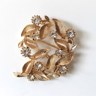 1960s Lisner Gold Leaf and Diamanté Brooch - Vintage Signed Estate Jewelry 