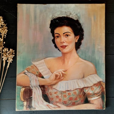 Large French Lady Portrait Oil Painting Canvas Antique 1947 Signed Original Art Hand Painted Oil Painting 