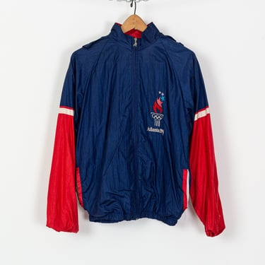 1996 Atlanta Olympics Hooded Windbreaker - Men's Small Short | Vintage 90s Red White & Blue Color Block Unisex Lightweight Jacket 