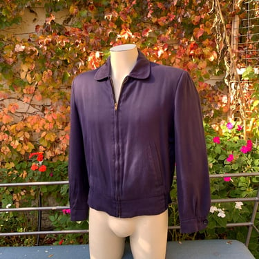 1950's RICKY Jacket - Navy Rayon Gabardine - Slash Pockets - Satin Lining - Men's Size MEDIUM 