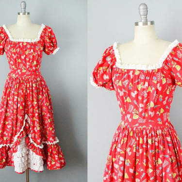 1950s Novelty Print Dress / Square Dance Dress / Fiesta Dress / Mexican Folk Dress / Size Small 