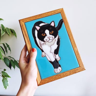 Vintage Italian Framed Ceramic Cat Tile 