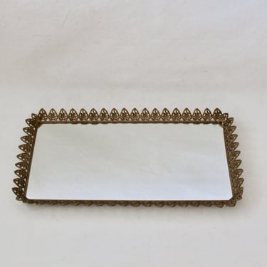 Extra Large Gold Brass Finish Rectangular Mirror Vanity Tray Roses Hearts Detail Vintage Mid Century 