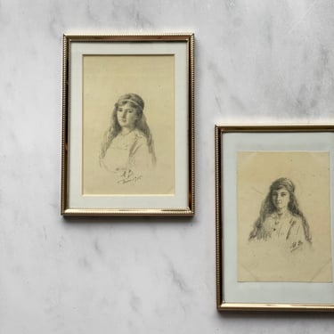 antique French framed graphite portrait sketches, set of two