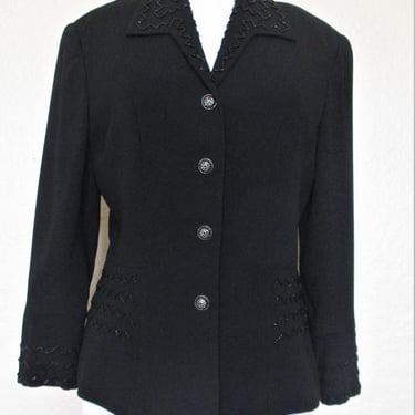 Zelda Jacket, Vintage 1990s Evening Jacket, Black Beaded Crepe, Fitted, Medium Women 